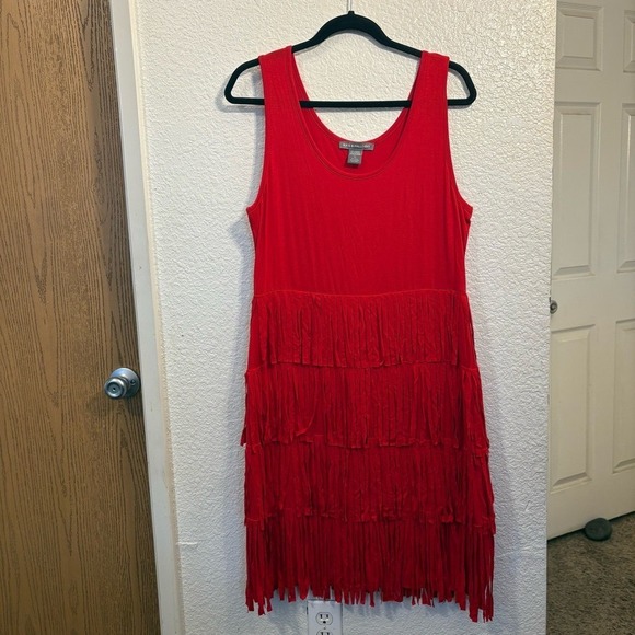 Kate & Mallory Red Fringe Sleeveless Knee-Length Dress Women's XL Stretchy Party - Picture 3 of 6